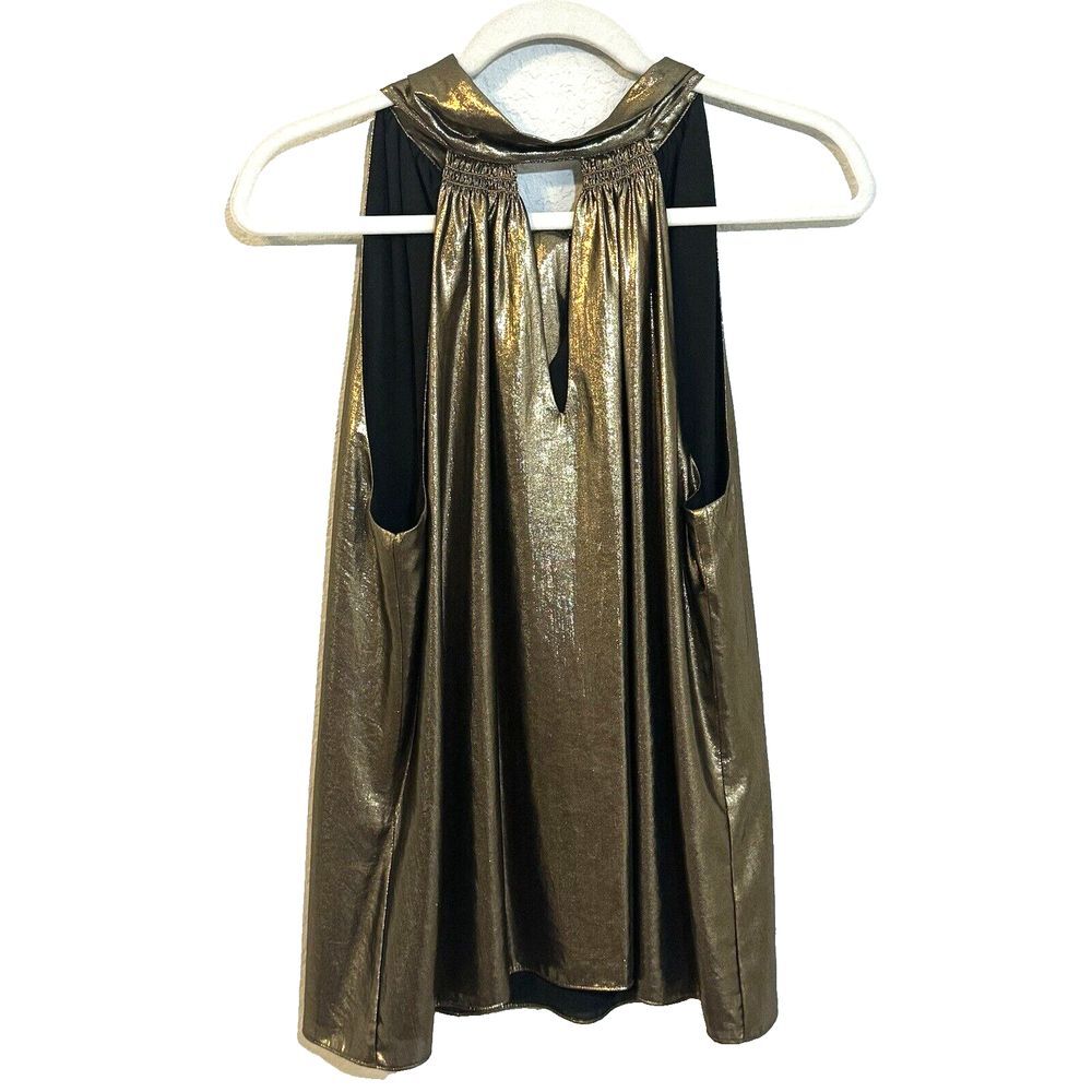 $565 Ramy Brook Women's Gold Metallic Satin Sleeveless Tie Blouse Top Size L